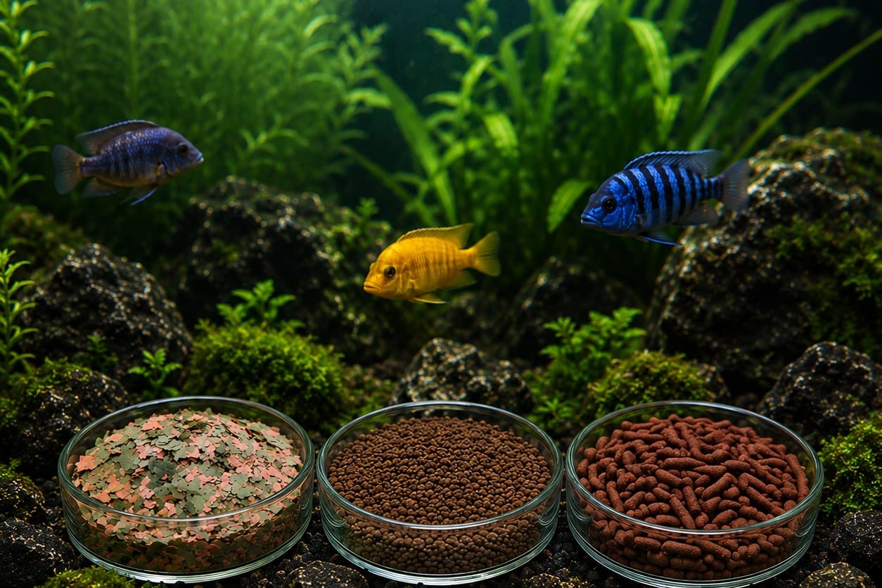 Flocons, granulés et sticks Crockpet pour cichlidés, aquarium avec cichlidés africains