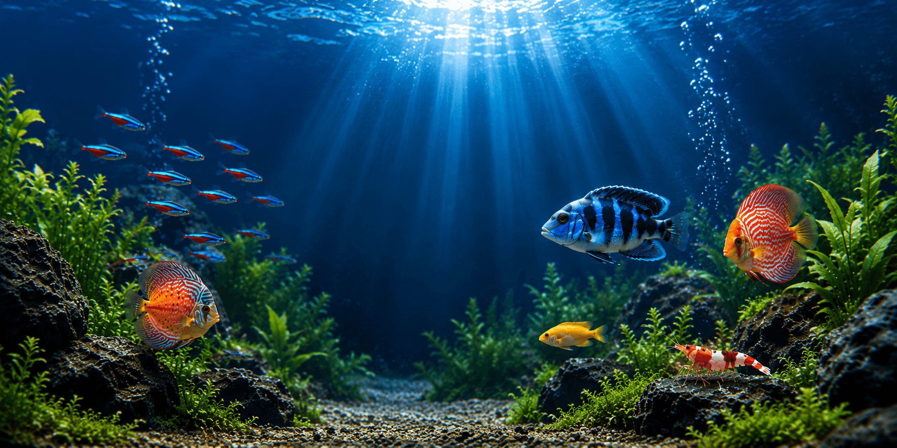 Aquarium planté avec discus, cichlidés et crevette naine sous un rayon de lumière